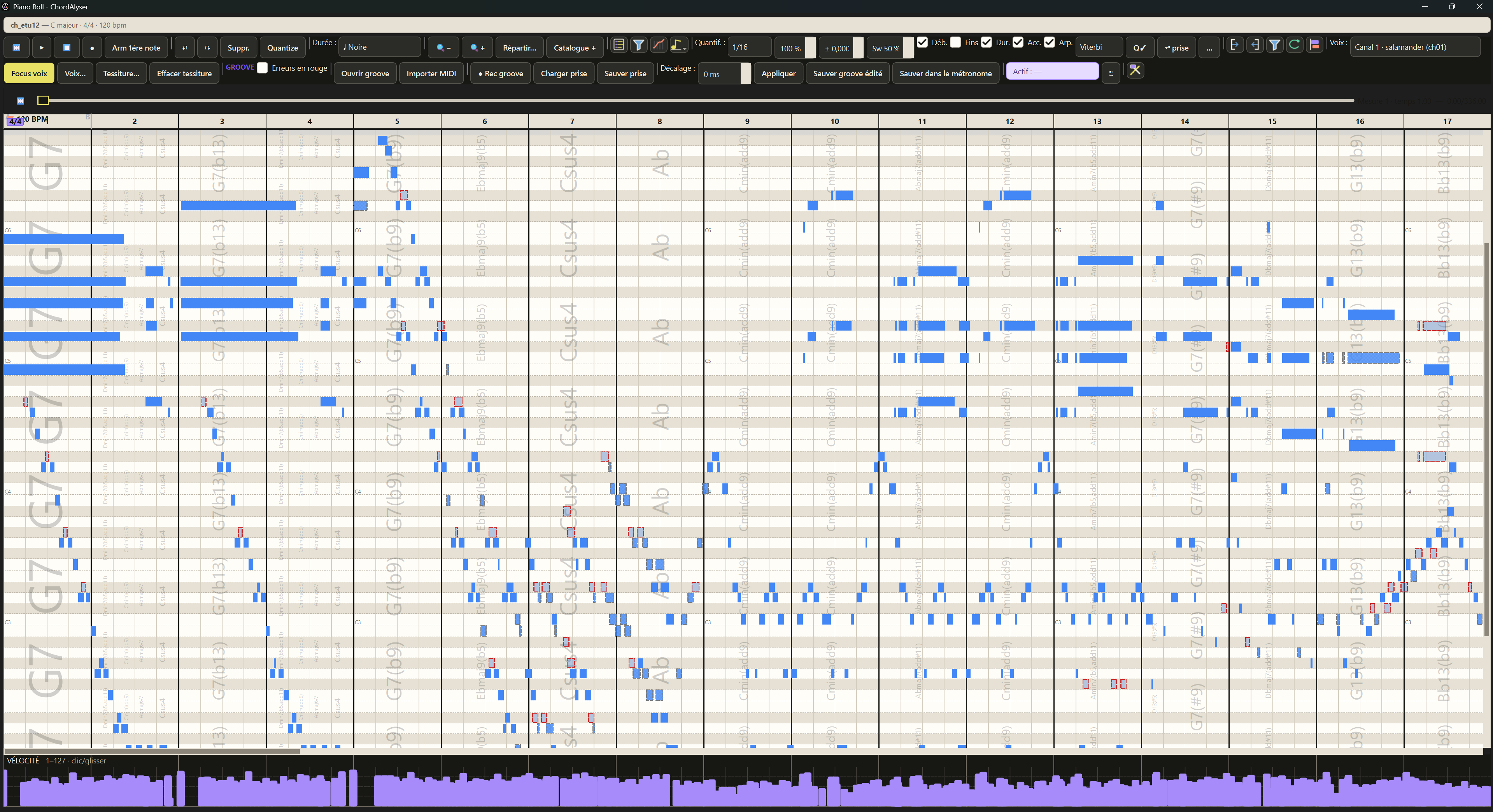 Piano Roll de ChordAlyser : notes, accords et courbe des vélocités dans un même espace
